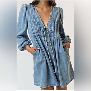 #1068 Light Wash Denim Romper with Pintuck Front